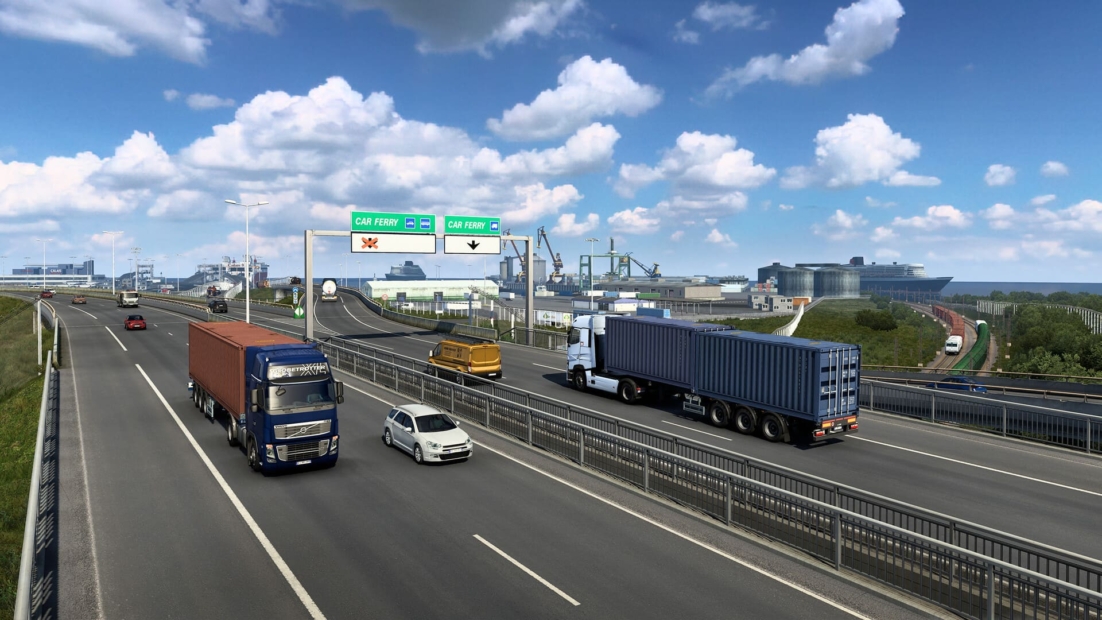 Multiple trucks and cars driving on a multi-lane highway with overhead signs indicating car ferry routes in Euro Truck Simulator 2