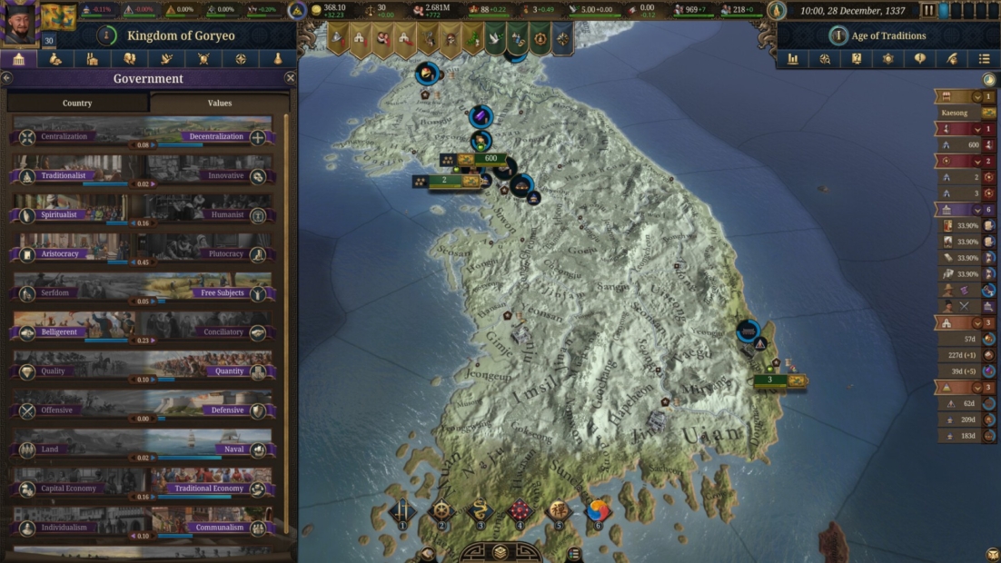 Karte von Korea mit Spielfenster des Strategiespiels Europa Universalis 5, das Regierungsoptionen des Königreichs Goryeo zeigt.