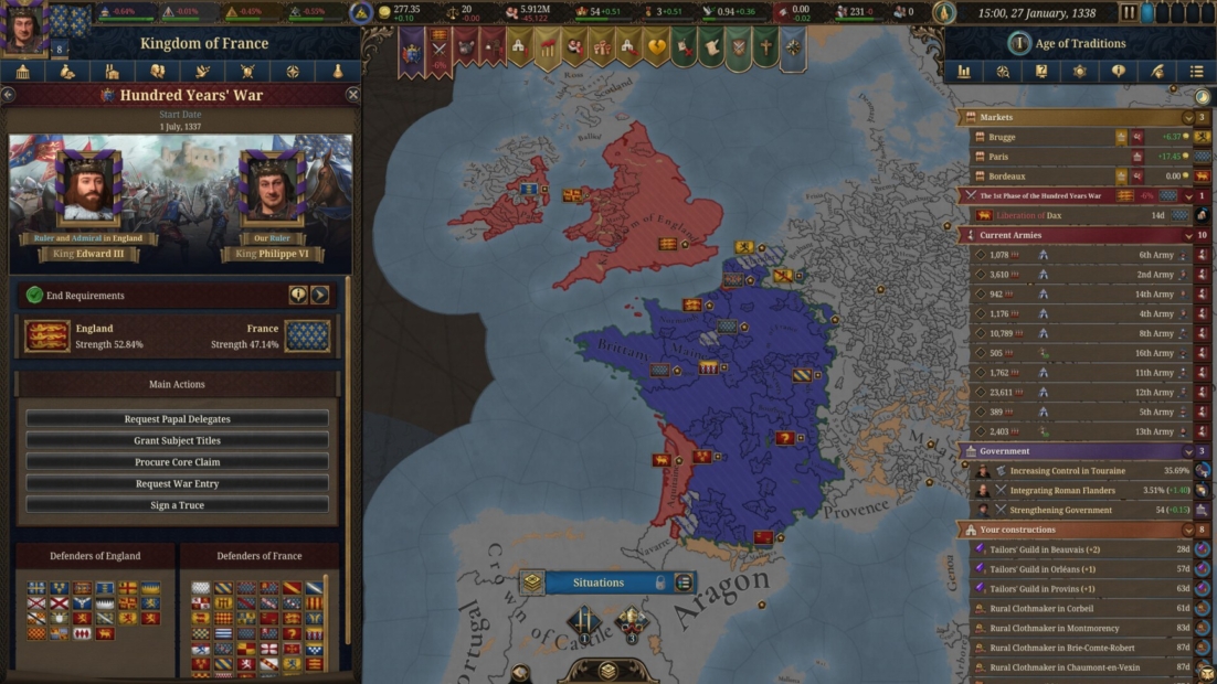 Karte von Westeuropa im Strategiespiel Europa Universalis 5 mit Frankreich in Blau, England in Rot und Aragon in Grau. Links ein Fenster mit Details zum Hundertjährigen Krieg zwischen England und Frankreich.