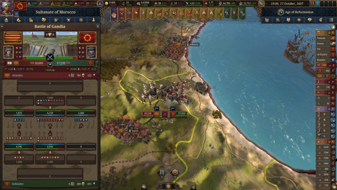 Europa Universalis 5 Tipps: Karte aus dem Spiel Europa Universalis 5 mit einer Schlacht bei Gandia zwischen Sultanat Marokko und einem Gegner, zeigt Truppenbewegungen und Küstenlinie.