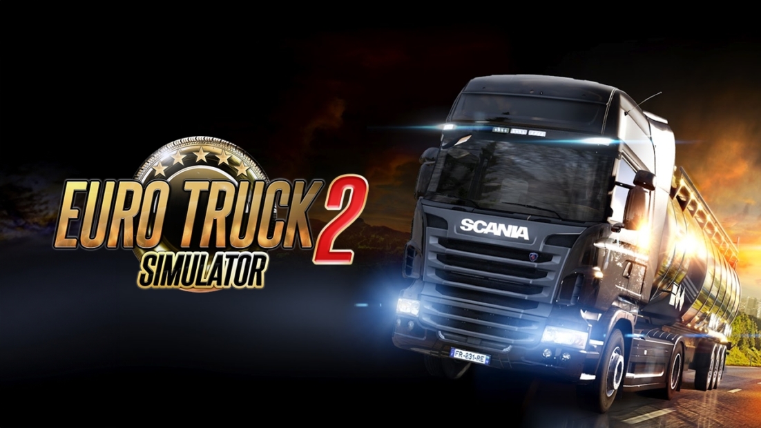 Black Scania semi-truck with tanker trailer and headlights on against dark background next to the text 'EURO TRUCK 2 SIMULATOR'