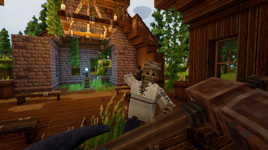 Everwind tips: Game character wearing a mask and white shirt inside a wooden cabin with stone walls and trees outside