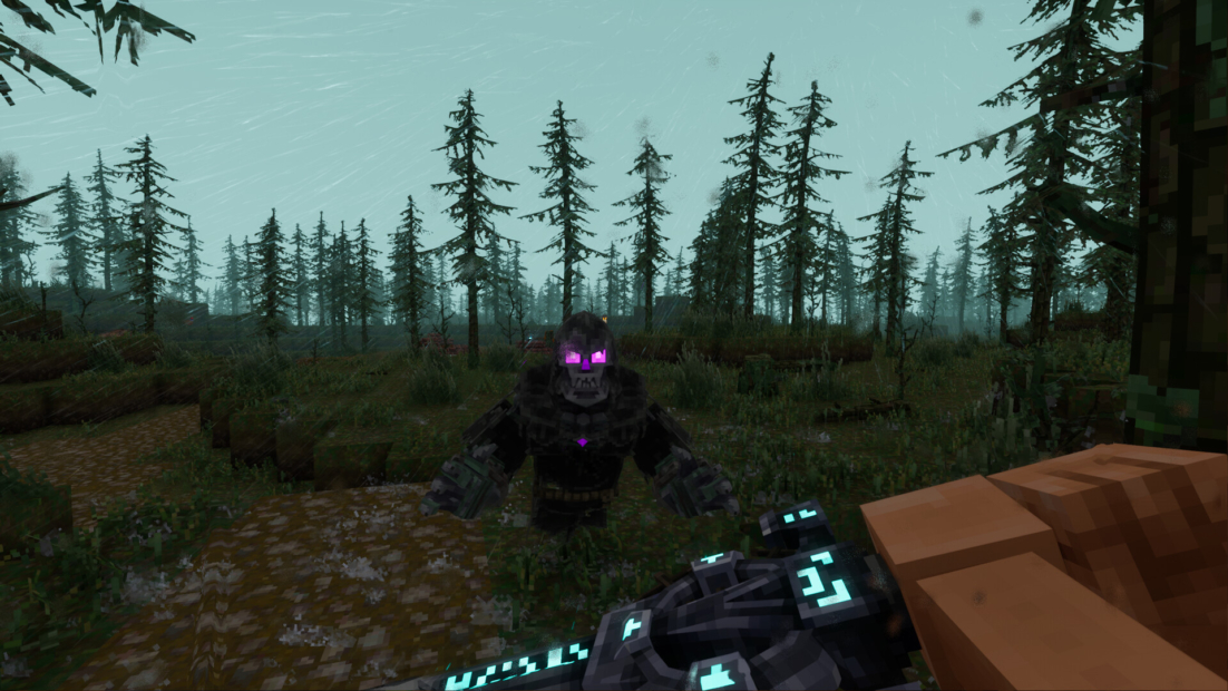 In a forest with many pine trees a large dark creature with glowing purple eyes approaches a game character with glowing blue details on the right side