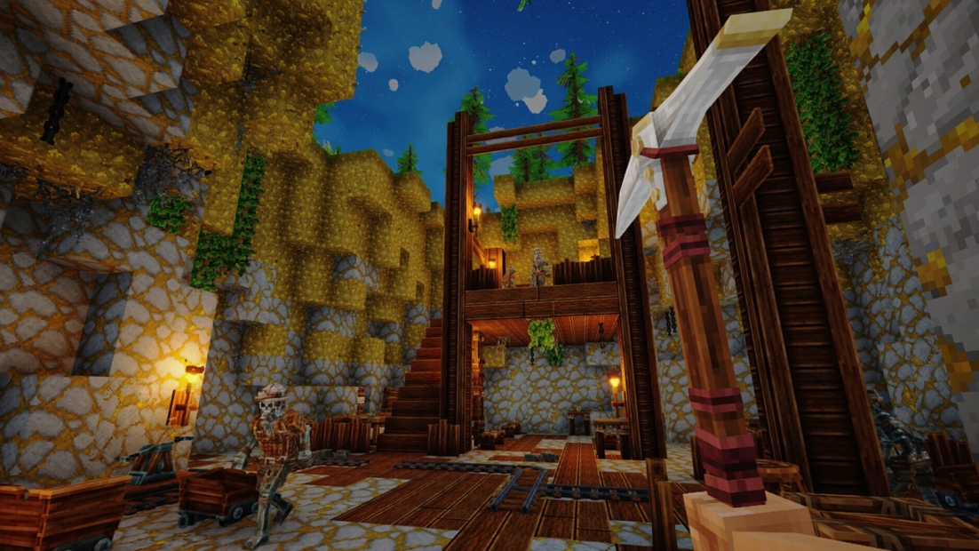 Interior of a Minecraft-style mine with stone walls, wooden structures, minecarts, and a skeleton figure