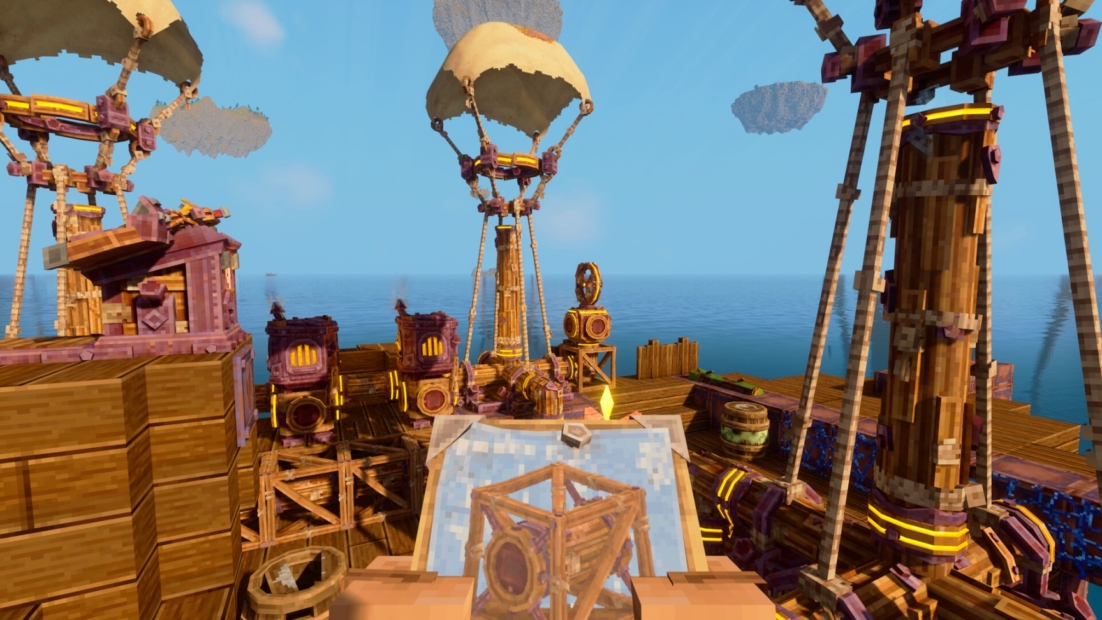 View of a wooden airship deck with a balloon, cannons, and a blueprint on a table
