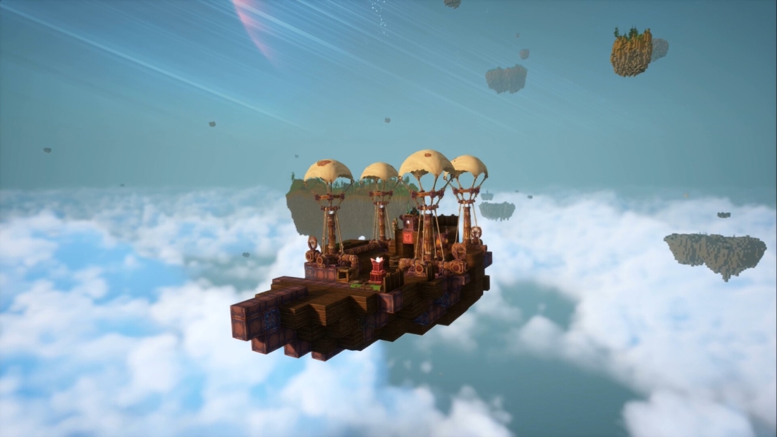 Floating island with mechanical structures and four large balloons above a cloudscape with other floating islands in the background
