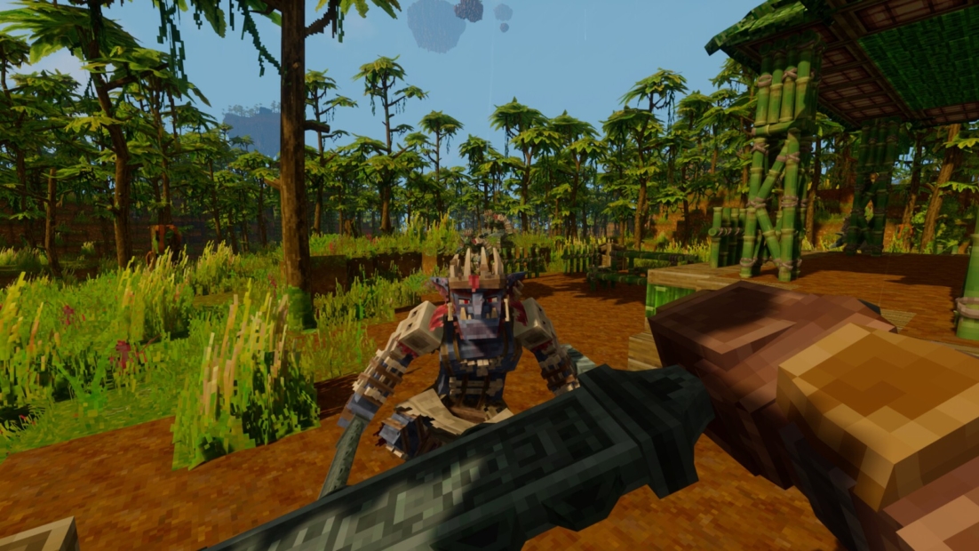 Pixelated game character wearing a crown and armor stands in a forest environment facing a character holding a weapon
