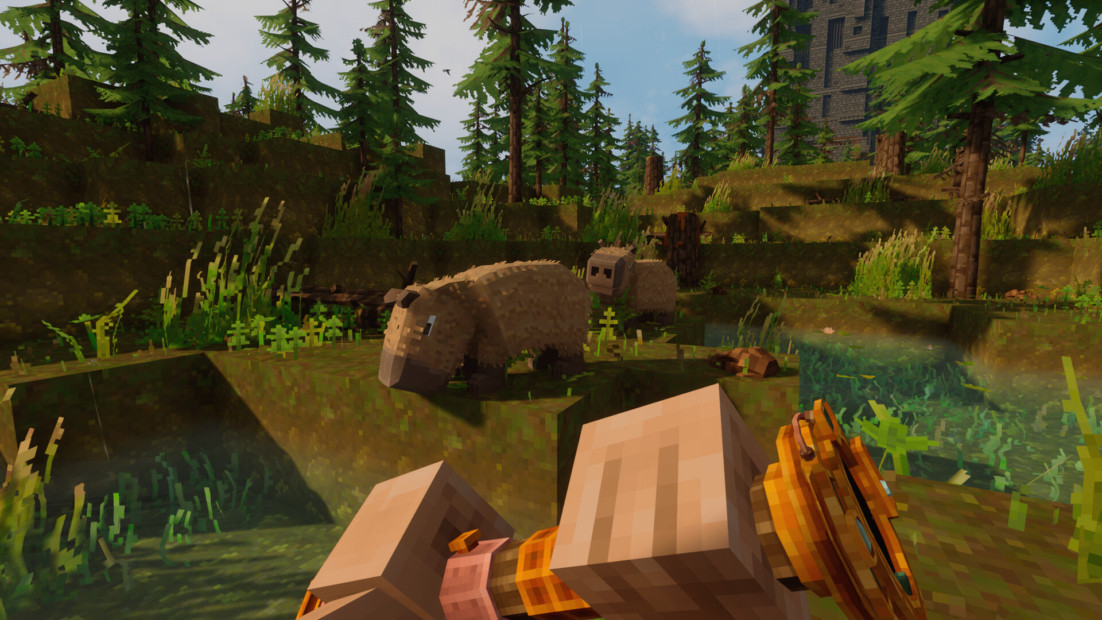 Landscape with block-shaped animals including two bears surrounded by trees and a body of water