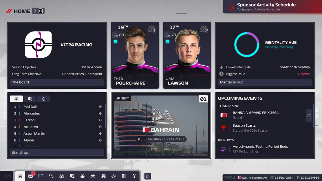 Spieloberfläche von F1 Manager 2024 mit Infos zum VLT24 Racing Team, den Fahrern Théo Pourchaire und Liam Lawson, dem Zeitplan für den Grand Prix von Bahrain und der Teamwertung, in der Red Bull führt.