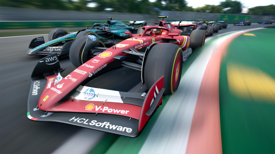 Roter Ferrari Formel-1-Rennwagen führt eine Gruppe von Rennwagen in einer Kurve an.