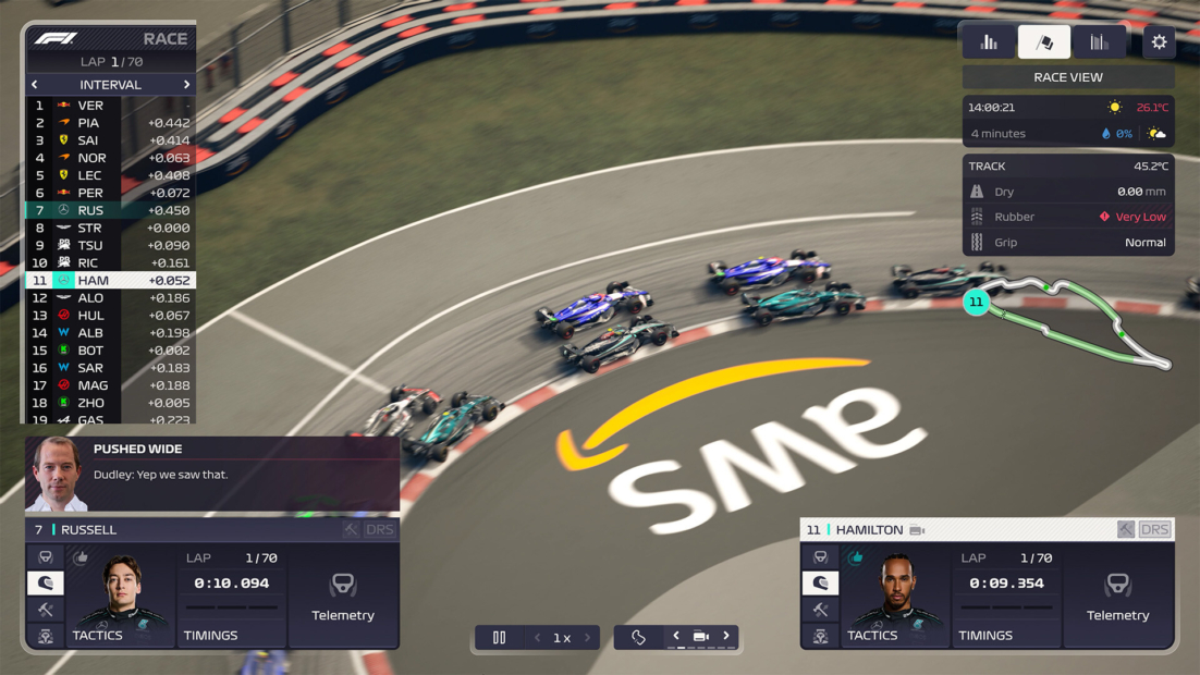 Blick von oben auf ein Formel-1-Rennen mit sieben Autos, die auf einer Kurve fahren. Man sieht die Positionen und Rundenzeiten der Fahrer Russell und Hamilton.