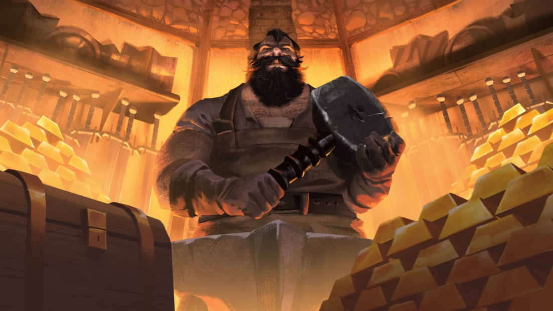 Bearded blacksmith character holding a large hammer in a forge filled with gold bars and treasure chests, from the Blacksmith Master game
