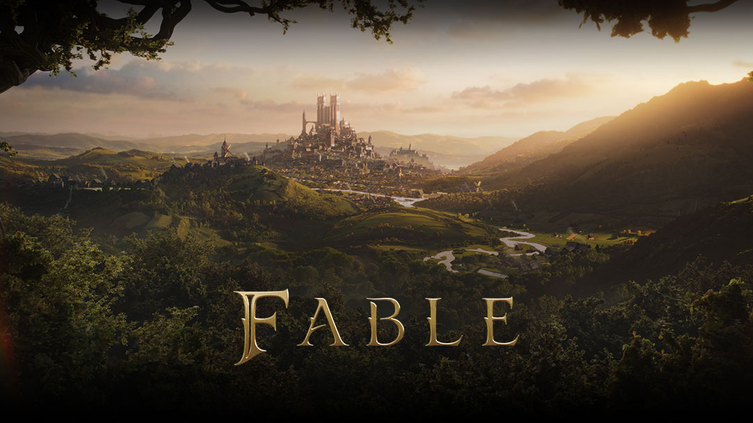 Landschaft mit einem Tal, in dem eine große Stadt mit hohen Türmen steht, und dem Schriftzug 'FABLE' im Vordergrund.