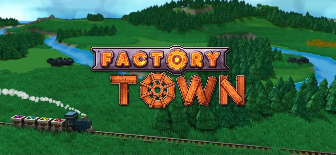 Landscape with river, forest, and a small train pulling coal wagons below the text 'FACTORY TOWN' with a gear symbol in the lettering