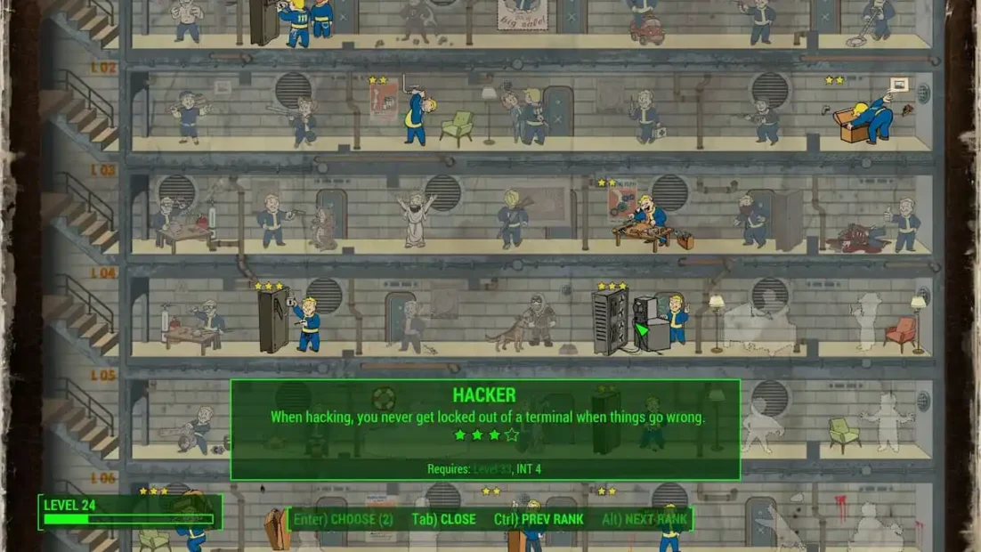 Mehrstöckige Bunkeransicht mit Figuren in blauen Overalls, darunter ein grünes Textfeld mit dem Titel 'HACKER' und dem Text 'When hacking, you never get locked out of a terminal when things go wrong.'