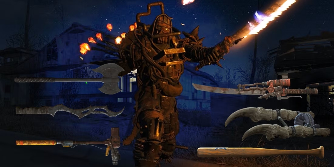 Kampfanzug mit Flammenwerfer in der rechten Hand und Axt in der linken Hand vor einer nächtlichen Kulisse mit Gebäuden