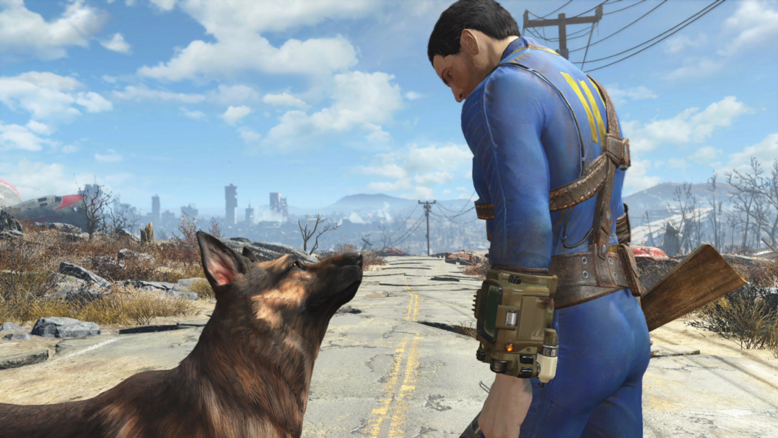Person in blue jumpsuit with yellow number on back and dog on deserted road in post-apocalyptic landscape