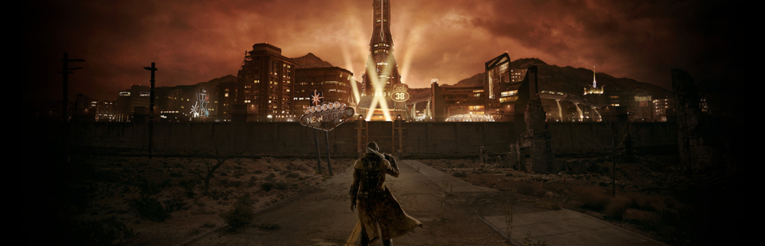 A person wearing a coat stands in a ruined landscape facing a lit futuristic city at night