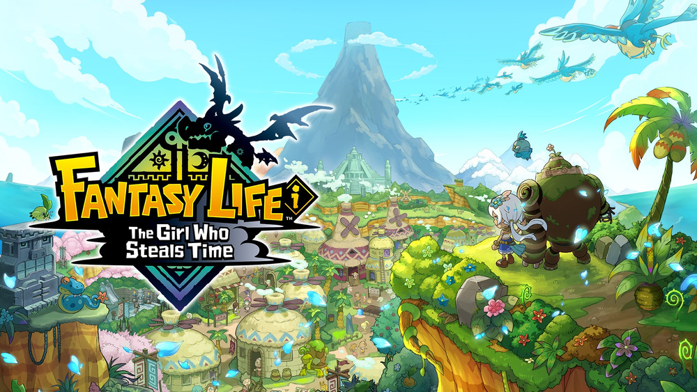 Fantasy Life-Spielelogo mit dem Untertitel „The Girl Who Steals Time” (Das Mädchen, das die Zeit stiehlt) über einer bunten Fantasiedorflandschaft mit Bergen und fliegenden Kreaturen.