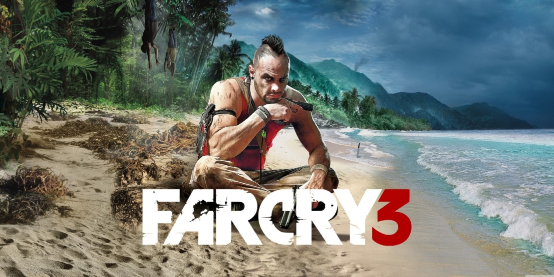 Mann mit Irokesenschnitt sitzt am Sandstrand mit tropischem Wald und Meer im Hintergrund, mit dem Schriftzug „FAR CRY 3” darüber