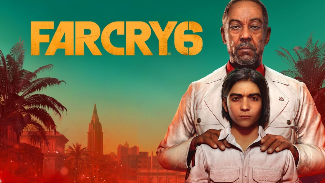 Two men stand in front of a cityscape with palm trees, the older man places his hands on the younger man's shoulders, with the text 'FAR CRY 6' above