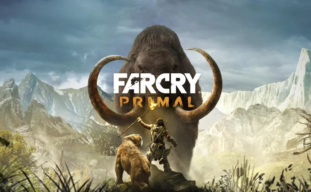 Far Cry Primal game cover featuring a character, a sabertooth, and a mammoth