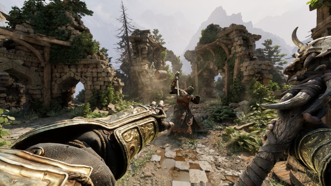 Fight between two medieval-clad figures in a ruin landscape with crumbling stone arches and trees