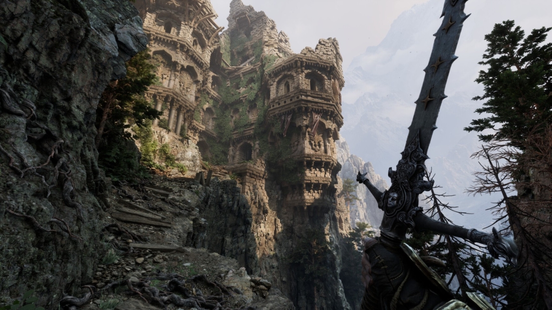 Fantasy rock landscape with a castle built into the cliffs and a figure holding a long spiked sword in the foreground