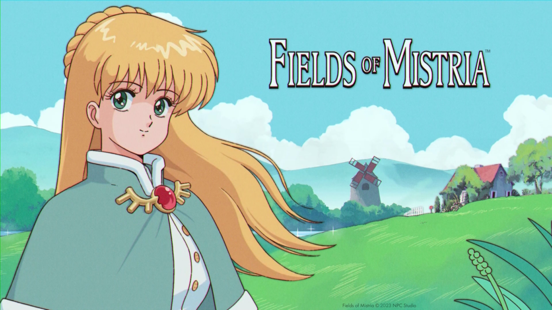 A character with long blonde hair and a green cloak stands before a green landscape with a windmill and houses under a blue sky with clouds, next to the text 'FIELDS OF MISTRIA'.