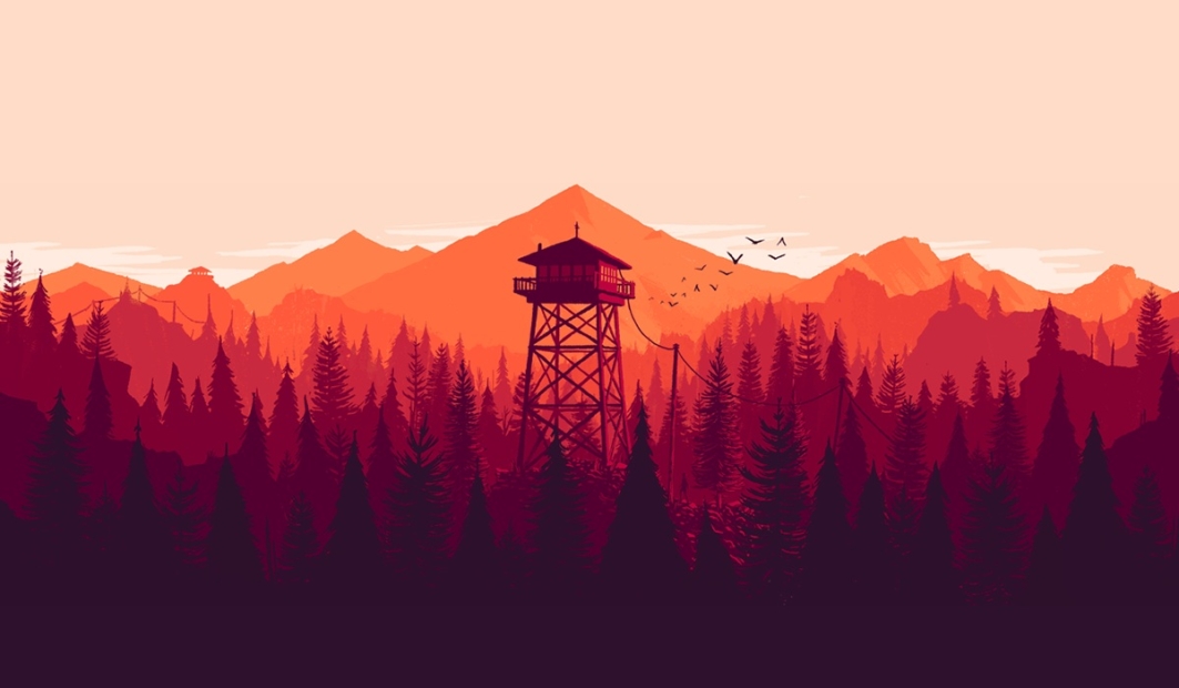 Fire lookout tower on a tall structure in front of a mountain range and forest with birds in the sky