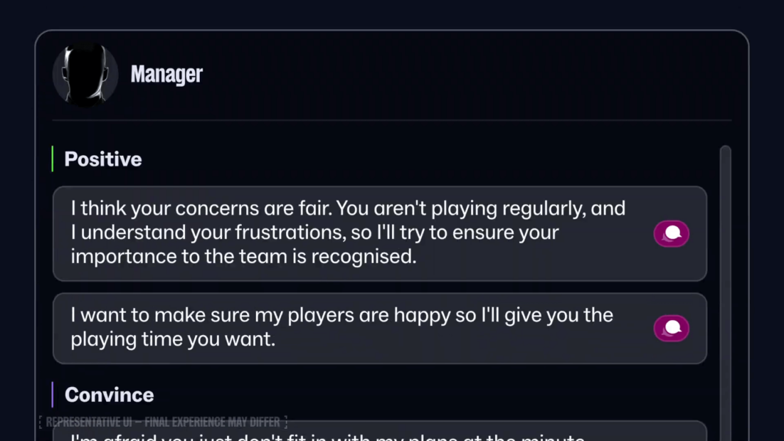 Chatfenster mit Textnachrichten zwischen einem Manager und einem Spieler, der Manager zeigt Verständnis und bietet mehr Spielzeit an.