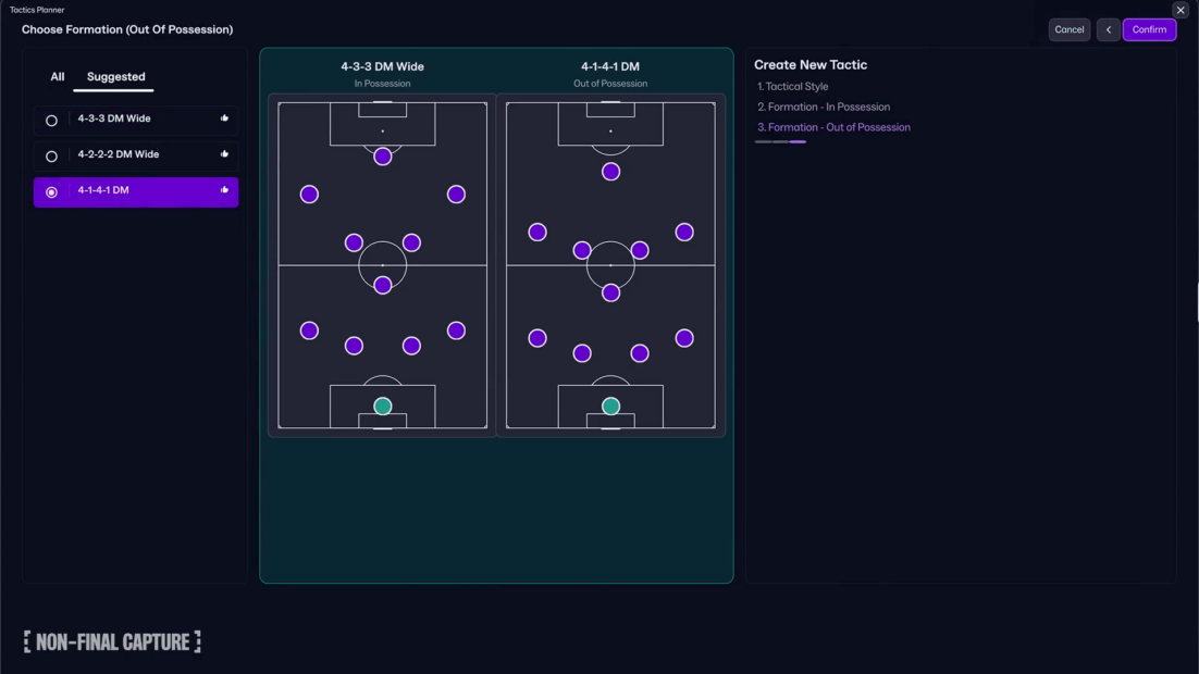 Zwei Fußballfeld-Diagramme mit Spielerpositionen in lila Kreisen, links 4-3-3 DM Wide in Ballbesitz, rechts 4-1-4-1 DM ohne Ballbesitz.
