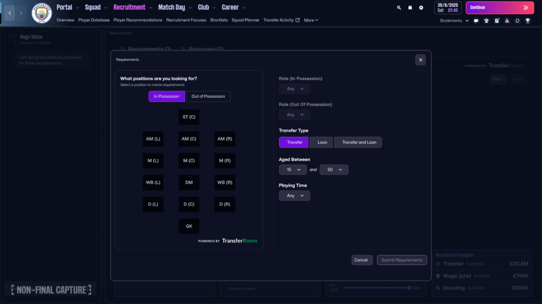 Screenshot vom FM26 Menü mit Auswahlfeldern für Positionen, Rollen, Transferarten, Altersbereich und Spielzeit.