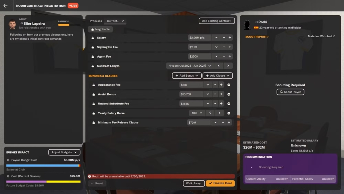 Vertragsverhandlungsbildschirm in Football Manager 2024 für den Spieler Rodri, einen 23-jährigen offensiven Mittelfeldspieler, mit Angaben zu Gehalt, Gebühren, Vertragsdauer und Boni sowie Optionen zum Abschluss des Vertrags.