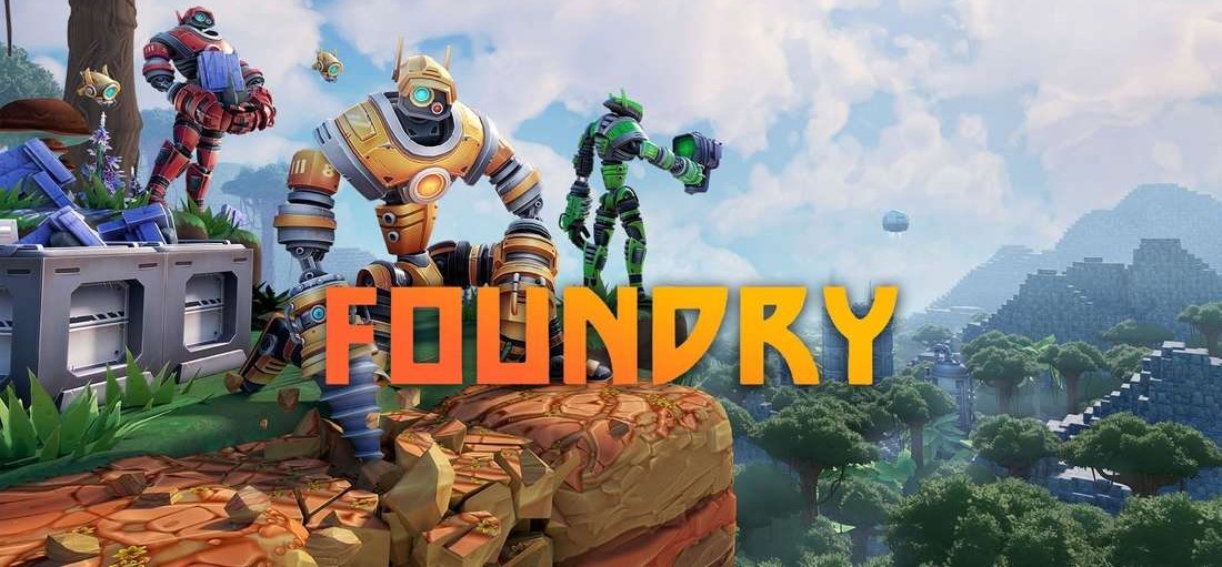 Three futuristic robots stand on a rocky cliff overlooking a hilly landscape under a cloudy sky with the word 'FOUNDRY' in orange-yellow letters