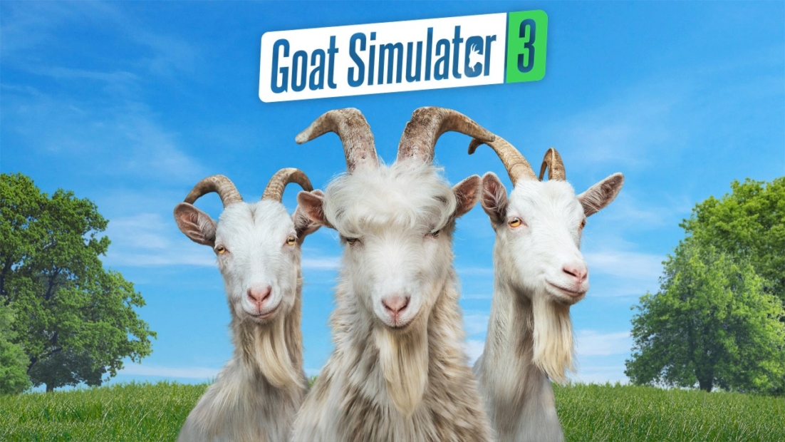 Three horned goats standing on grass with blue sky background and the text 'Goat Simulator 3' above