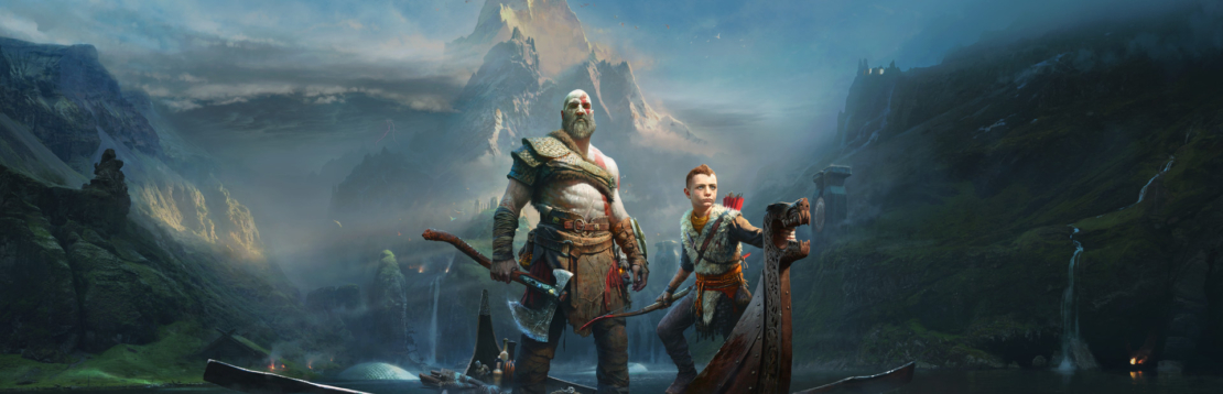 Two muscular men with weapons stand in front of a mountainous landscape with waterfalls and mist