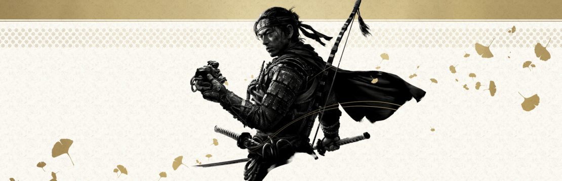 Warrior in traditional armor with two swords on his back and a cape blowing in the wind