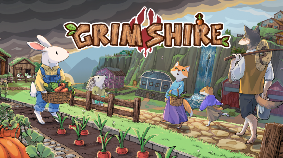 Illustration of a rural scene with anthropomorphic animals including a rabbit, cat, rat, and wolf harvesting vegetables and carrying baskets.