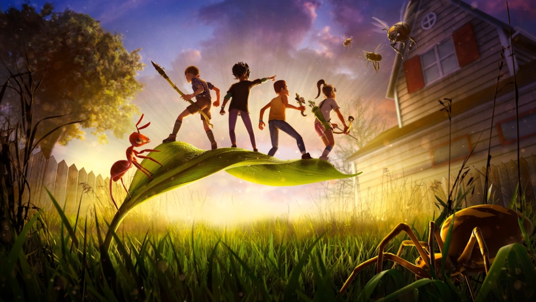 Grounded game cover with four people and an ant standing on a leaf
