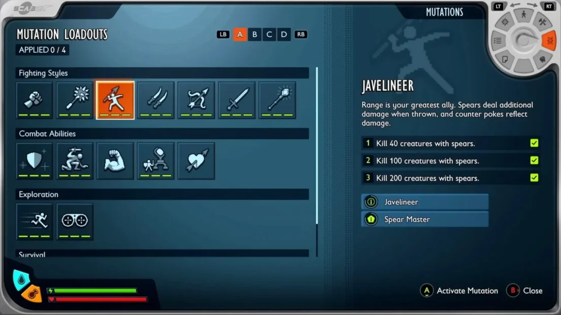 Bildschirm mit Mutationsausrüstung aus dem Spiel „Grounded 2“, der die Javelineer-Mutation mit Kampffähigkeiten und Erkundungsfertigkeiten zeigt und Herausforderungen und Vorteile im Zusammenhang mit Speeren hervorhebt.