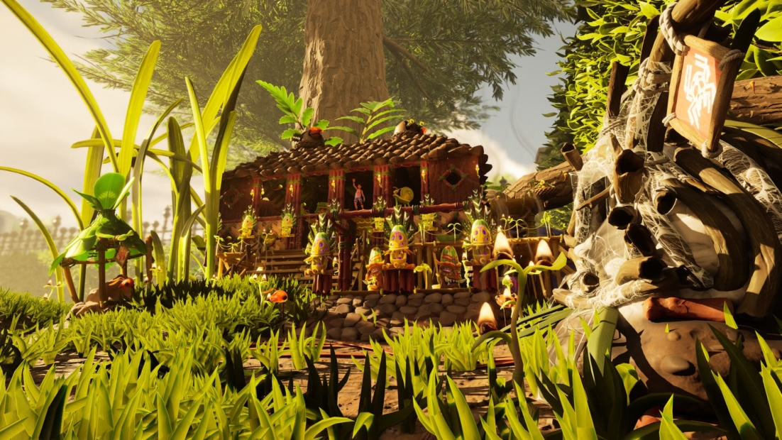 Holzkonstruktion mit verschiedenen Deko-Elementen und Lichtern, umgeben von hohem Gras und großen Baumstämmen im Spiel „Grounded 2“.