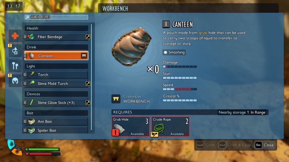Handwerksmenü aus Grounded 2 mit einer aus Grub-Häuten gefertigten Feldflasche, für die man 3 Grub-Häute und 2 grobe Seile braucht, mit Angaben zu Schaden, Betäubung, Geschwindigkeit und kritischer Trefferquote.