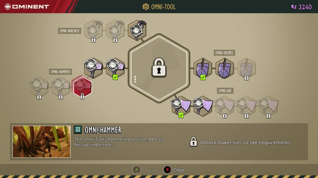 Grounded 2 Tipps: Spieloberfläche mit dem Omni-Tool-Upgrade-Baum, wo der Omni-Hammer ausgewählt ist, und einer Beschreibung seiner Funktion zum Zerschlagen einfacher Felsen und einer gesperrten unteren Stufe, die freigeschaltet werden muss, um die Anforderungen zu sehen.