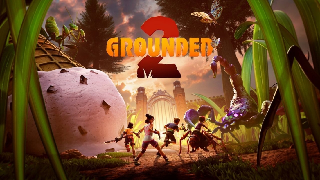 Vier Kinder stehen vor einer riesigen Spinne und Insekten in der Nähe einer großen Eichel mit einem Tor im Hintergrund, darüber der Titel „Grounded 2”.