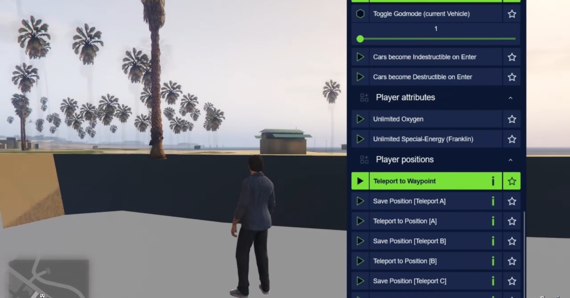 Spielfigur steht auf einer Promenade mit Palmen im Hintergrund neben einem geöffneten Teleport-Menü mit verschiedenen Optionen.