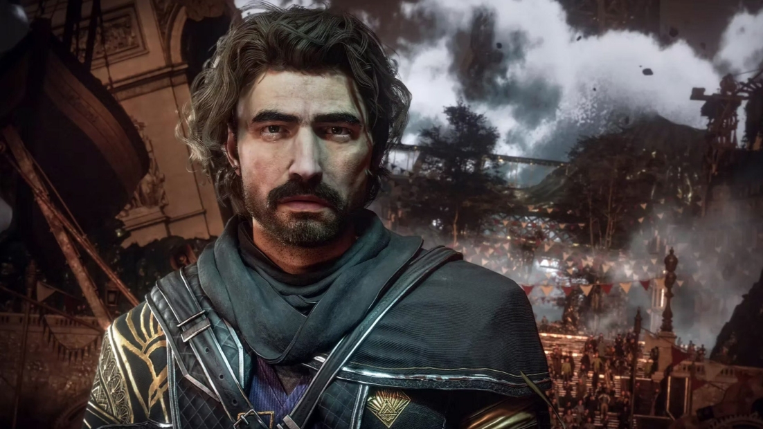 Gustave build: A man with curly gray hair wears a black cloak and gold armor. In the background, there are crowds of people and festive decorations.