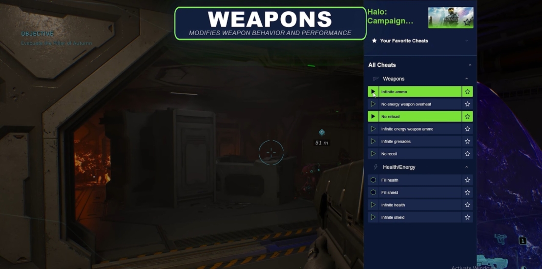 Screenshot of a video game showing a weapons cheat menu with options like infinite ammo and no reload