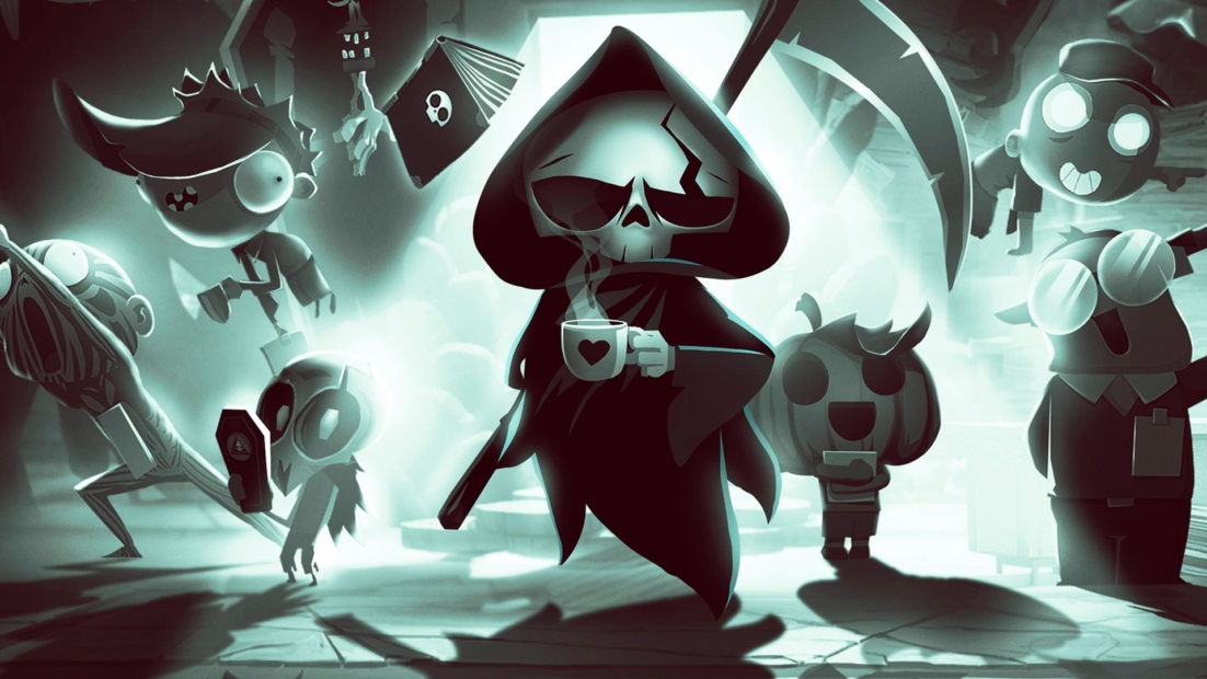 A cartoonish figure with a skull mask and hood holds a cup with a heart. Surrounding it are various other cartoon characters, including a devil, a zombie, and a figure with an axe.