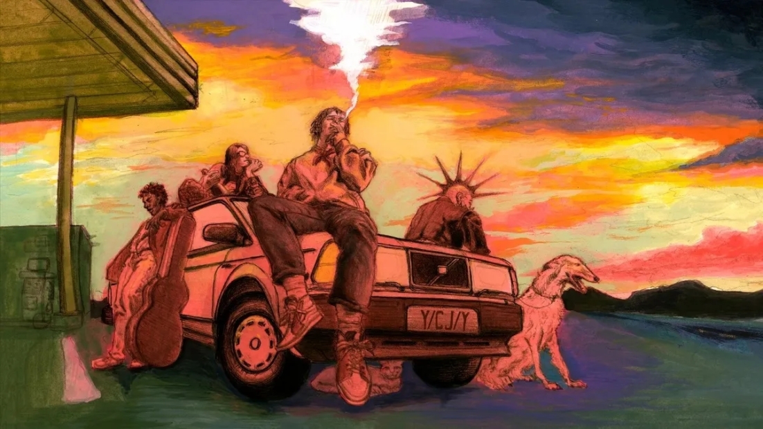 Illustration of a group of people and a dog around a car at a gas station during sunset, one person is smoking.